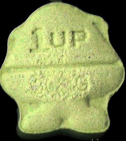 Goomba/ 1UP (Verde Claro) - 2C-B 18mg (Front) pill — lab-tested sample
